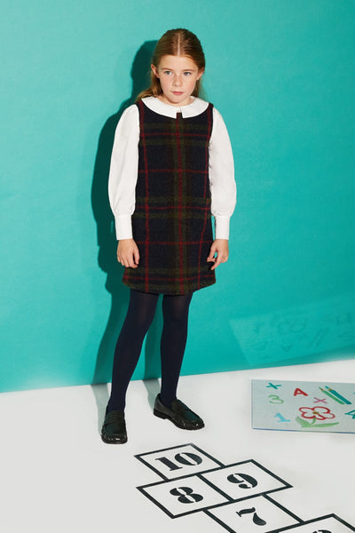 Girls' wool blend A-line dress in blue, green, and red woven fabric.