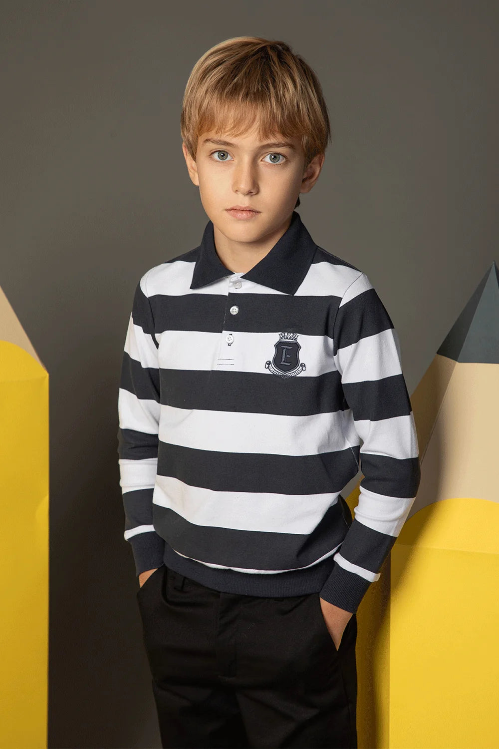 Classic blue and white striped polo shirt with long sleeves