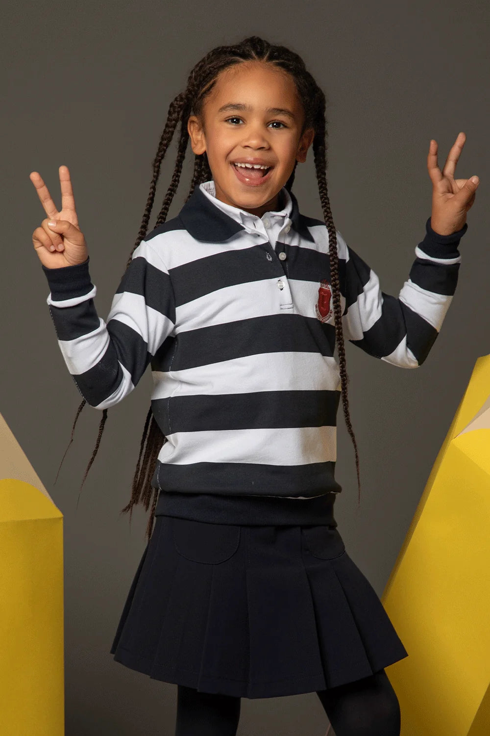 Blue and white striped polo shirt with long sleeves