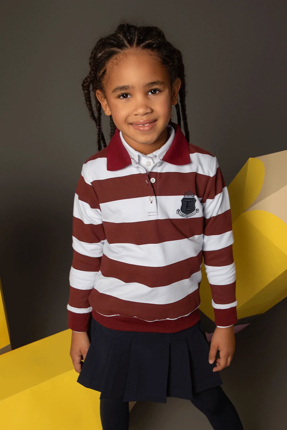 Burgundy and white striped polo shirt with long sleeves