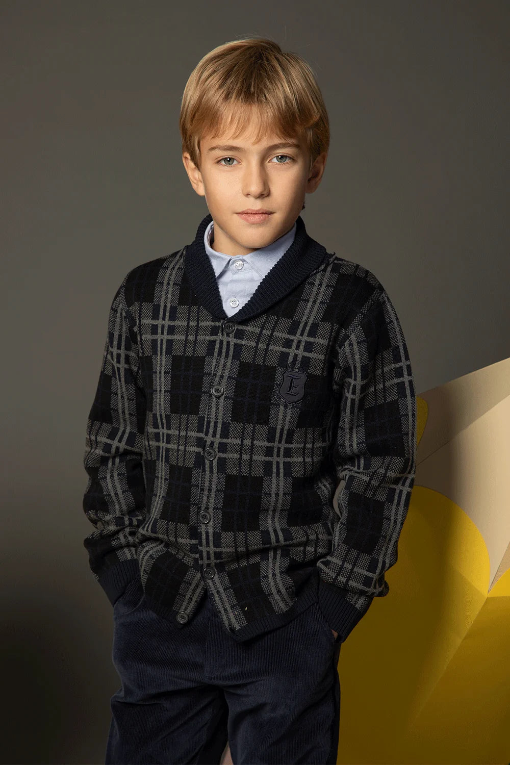 Dark grey and navy checked cardigan with a shawl collar, front button fastening and embroidered logo