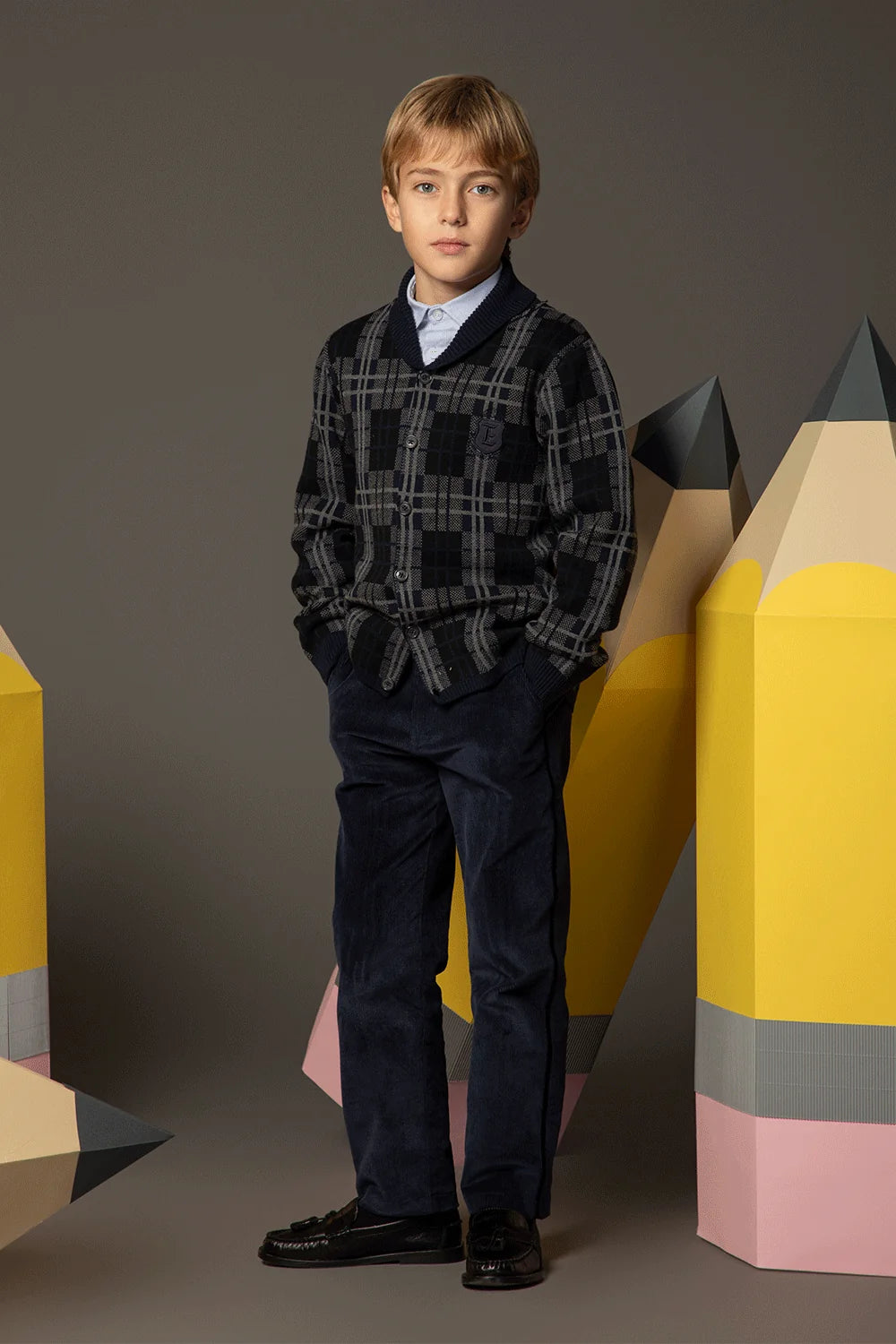 Dark grey and navy checked cardigan with a shawl collar, front button fastening and embroidered logo