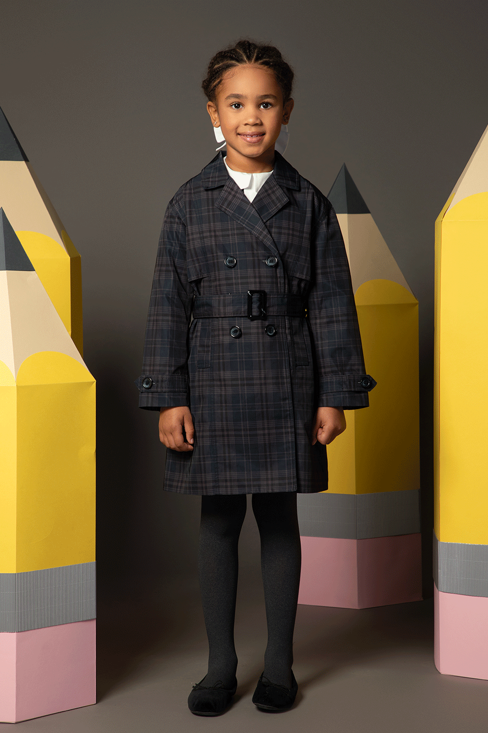 Checked double-breasted belted trench coat