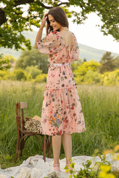 PINK CHIFFON DRESS WITH BELT AND FLORAL PRINT