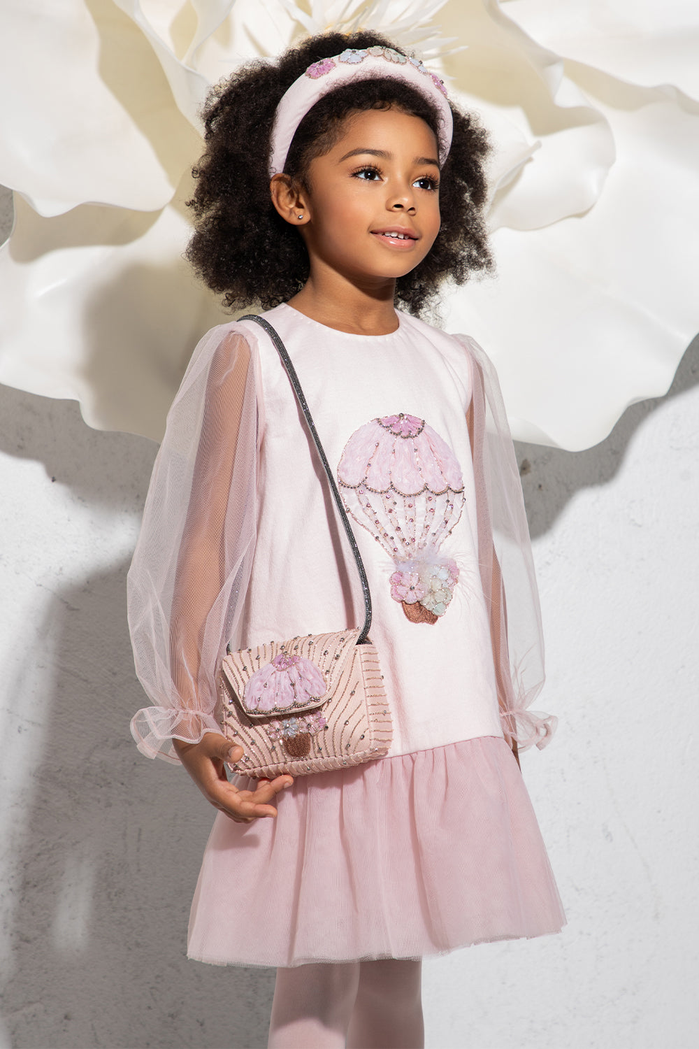 Pale pink jersey and tulle dress with hand-made balloon beaded embroidery and tulle sleeves