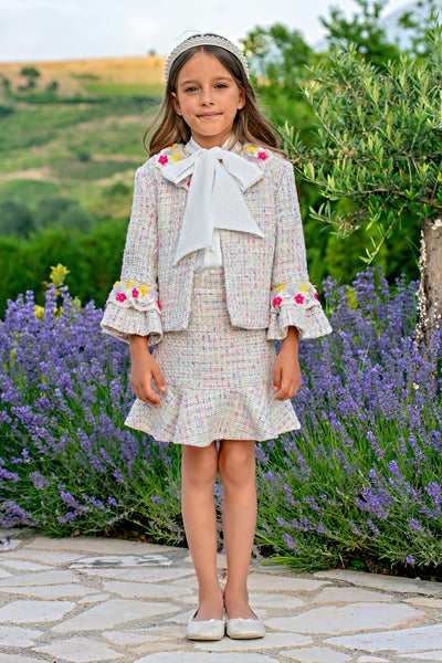 Pastel colors metal threads tweed set with hand-embellished flowers and beads