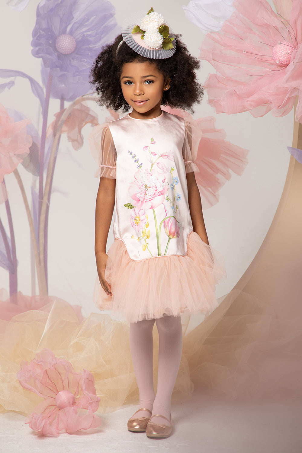 Peach floral dress with floral print and sequined hand-embroidery