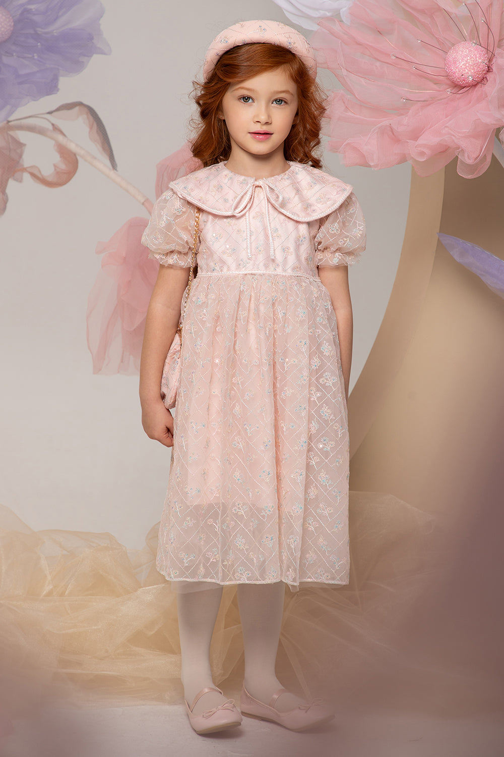 Peach micro flowers emroidered lace dress with pretty collar