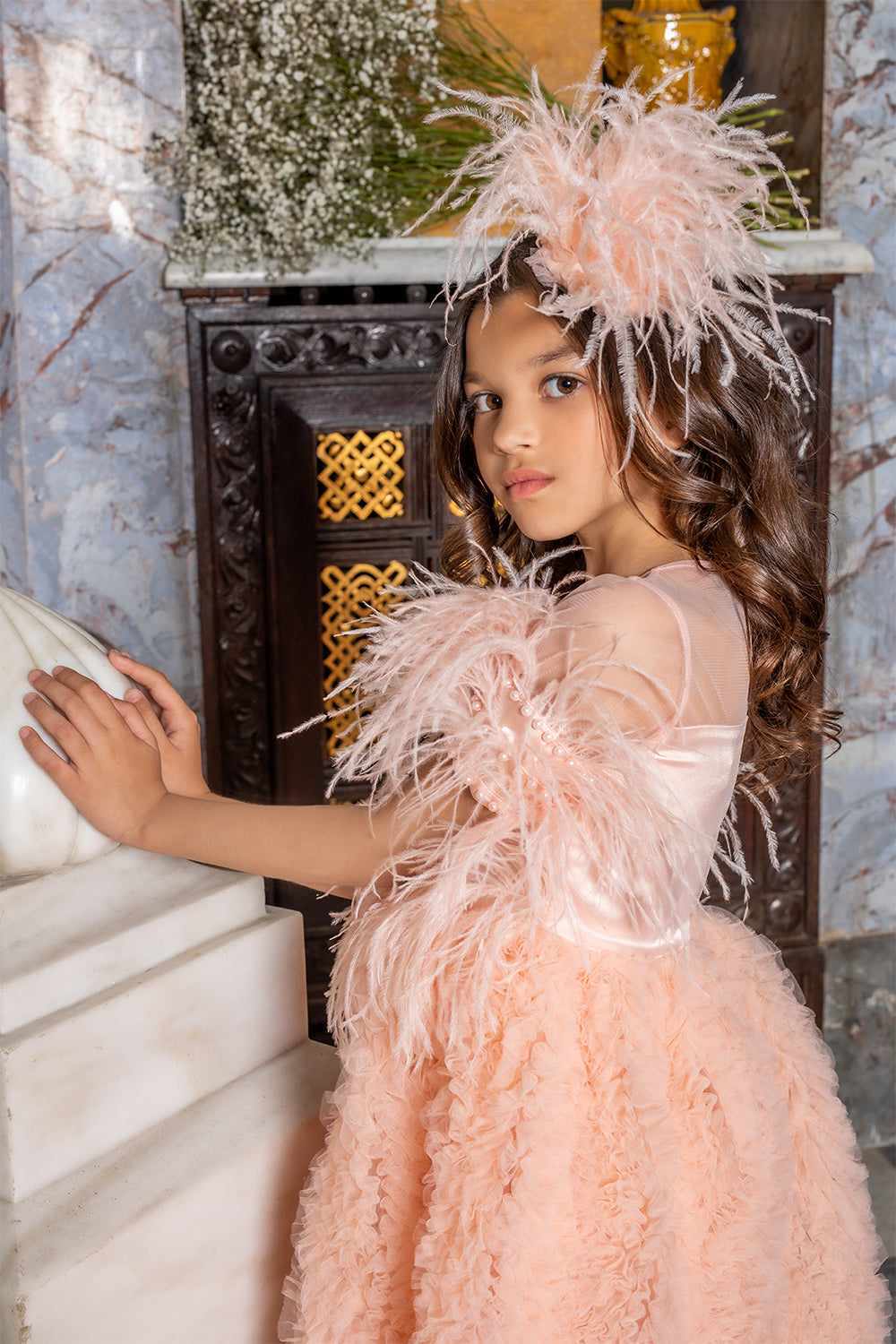 Peach pink feathers and pearls dress with frisee tulle scallop skirt