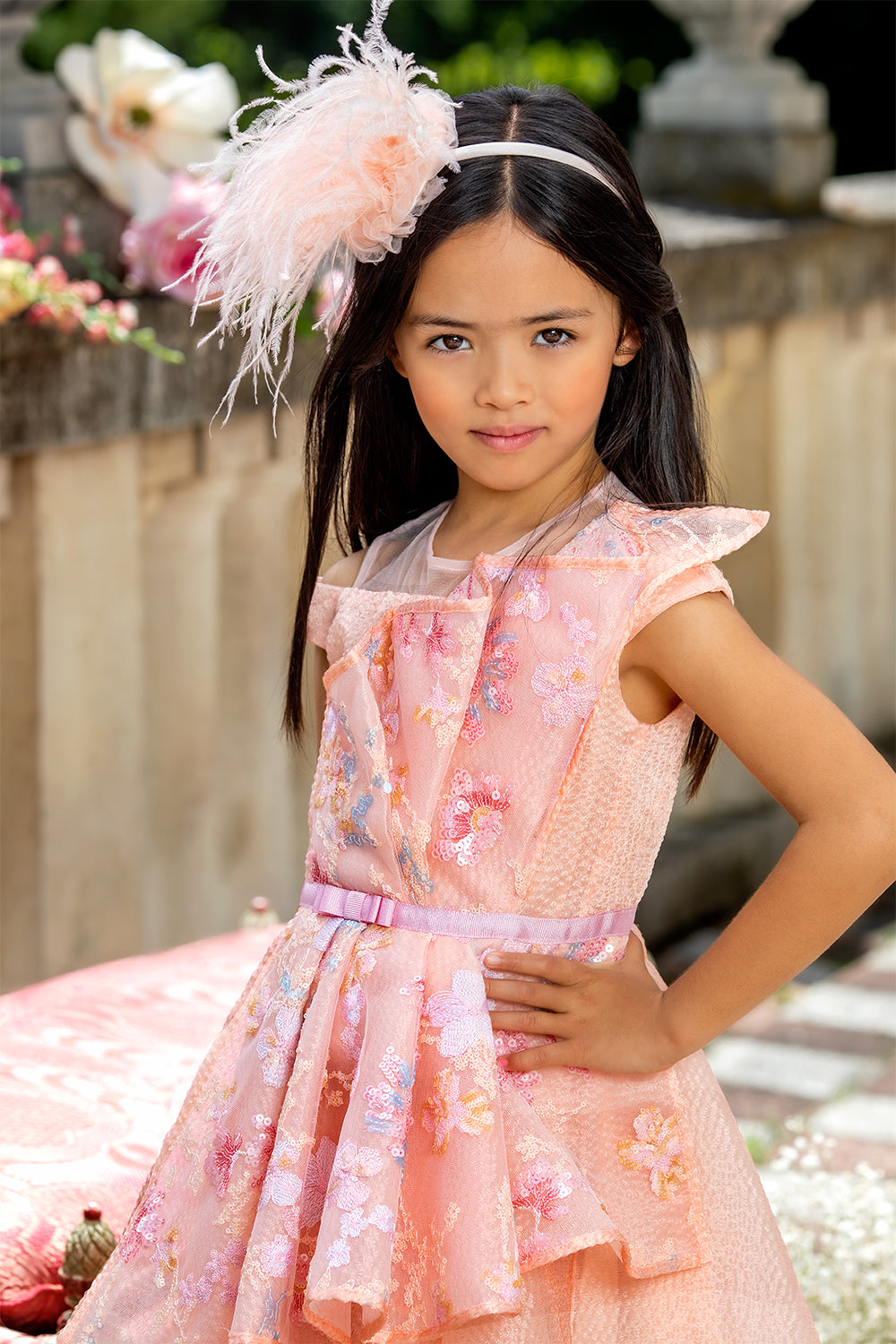 Peach pink floral lace structured dress with jacquard organza skirt