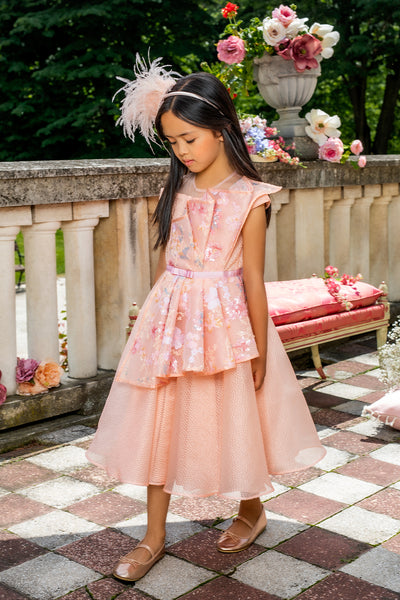 Peach pink floral lace structured dress with jacquard organza skirt