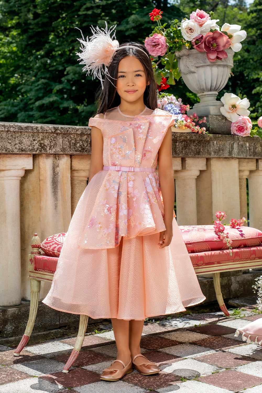 Peach pink floral lace structured dress with jacquard organza skirt