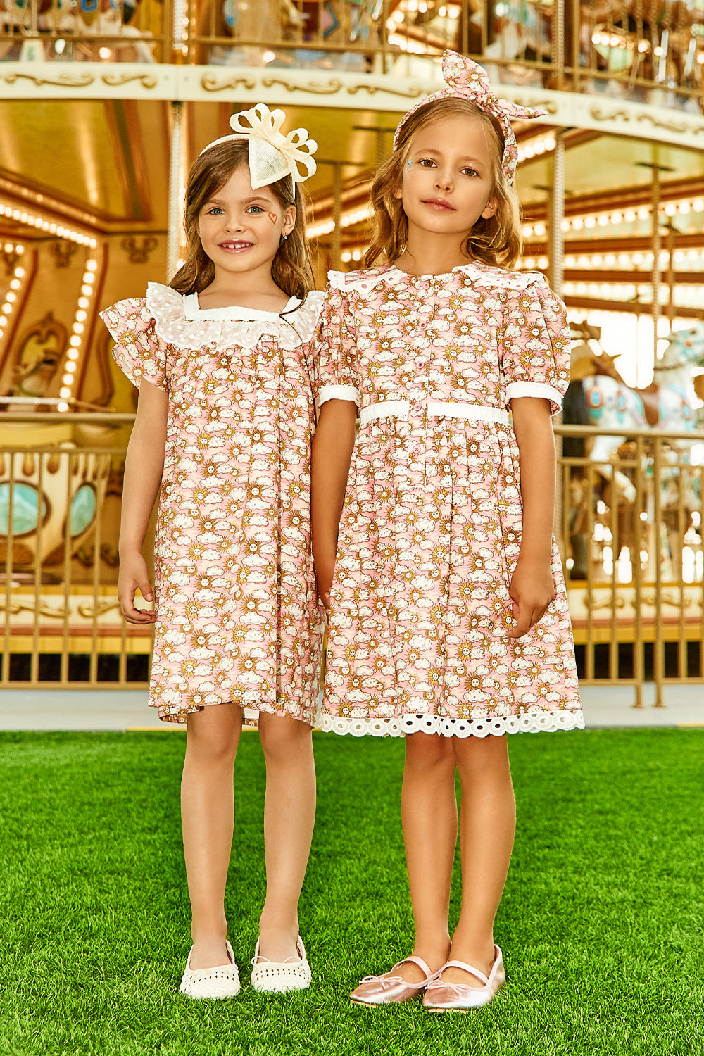 Pink and white Sun and Clouds cotton Liberty print dress with white tulle collar