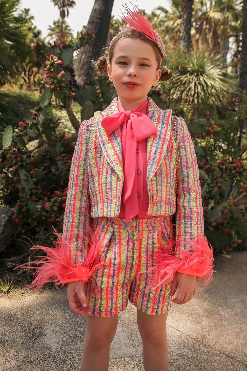 Pink, blue, green neon tweed cotton blend shorts