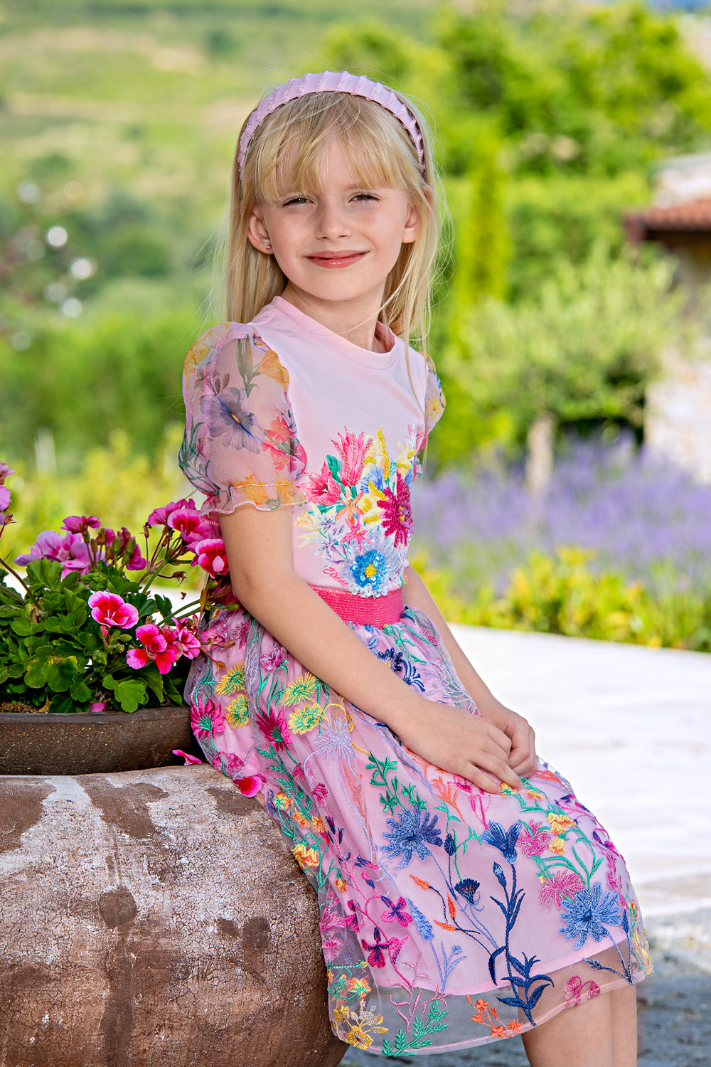 Pink bright flowers embroidered lace skirt with fuchsia elastic waist