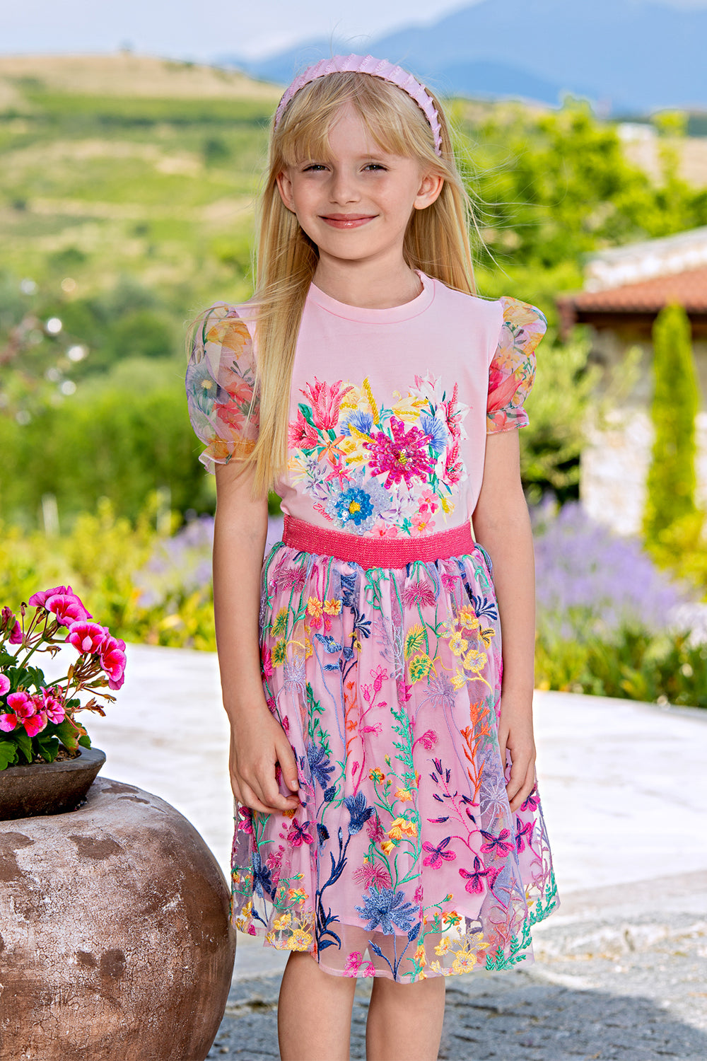 Pink bright flowers embroidered lace skirt with fuchsia elastic waist
