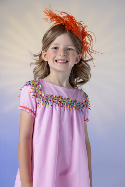 Pink cotton flare dress with multicolor fringes