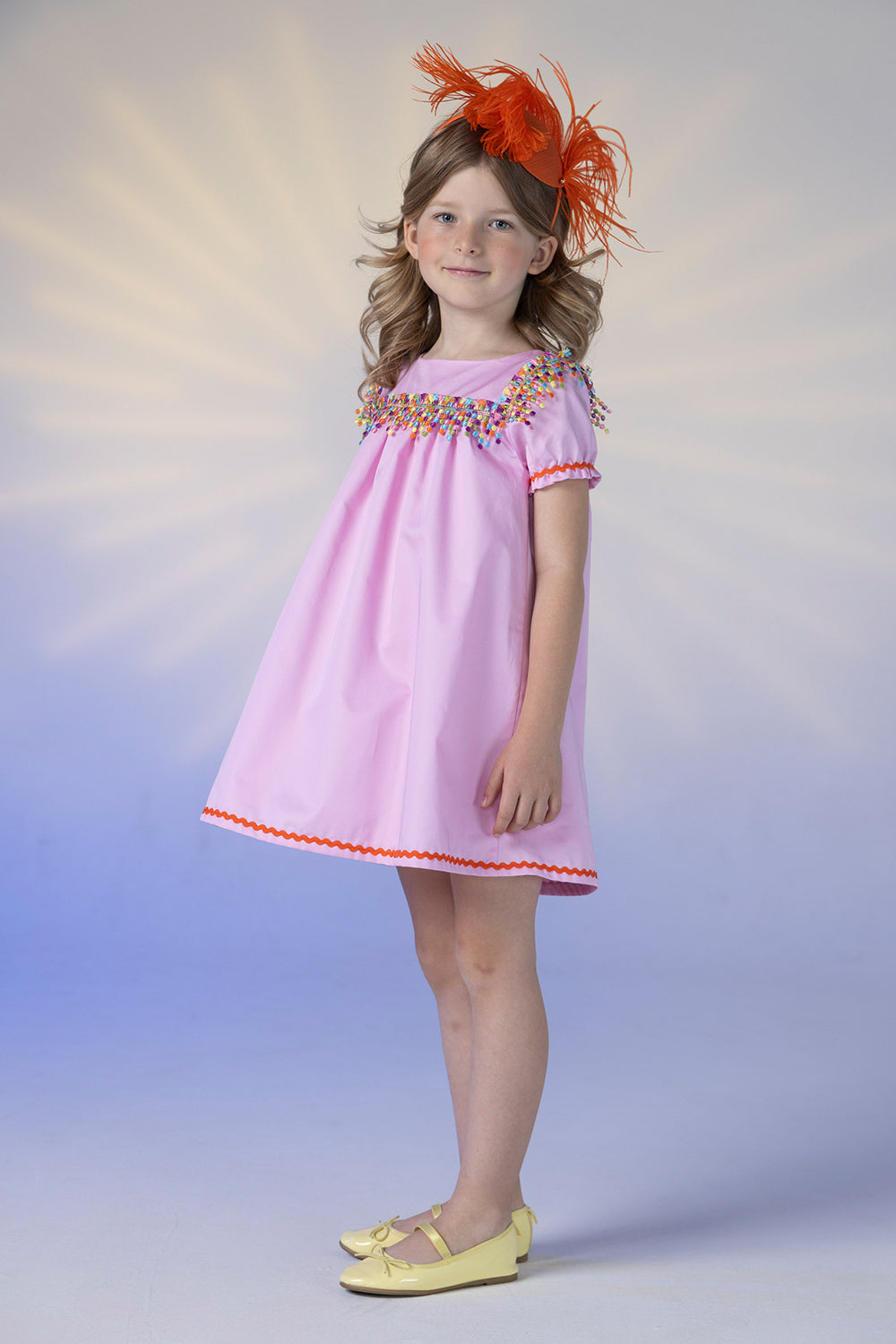 Pink cotton flare dress with multicolor fringes