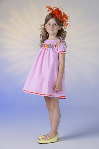 Pink cotton flare dress with multicolor fringes
