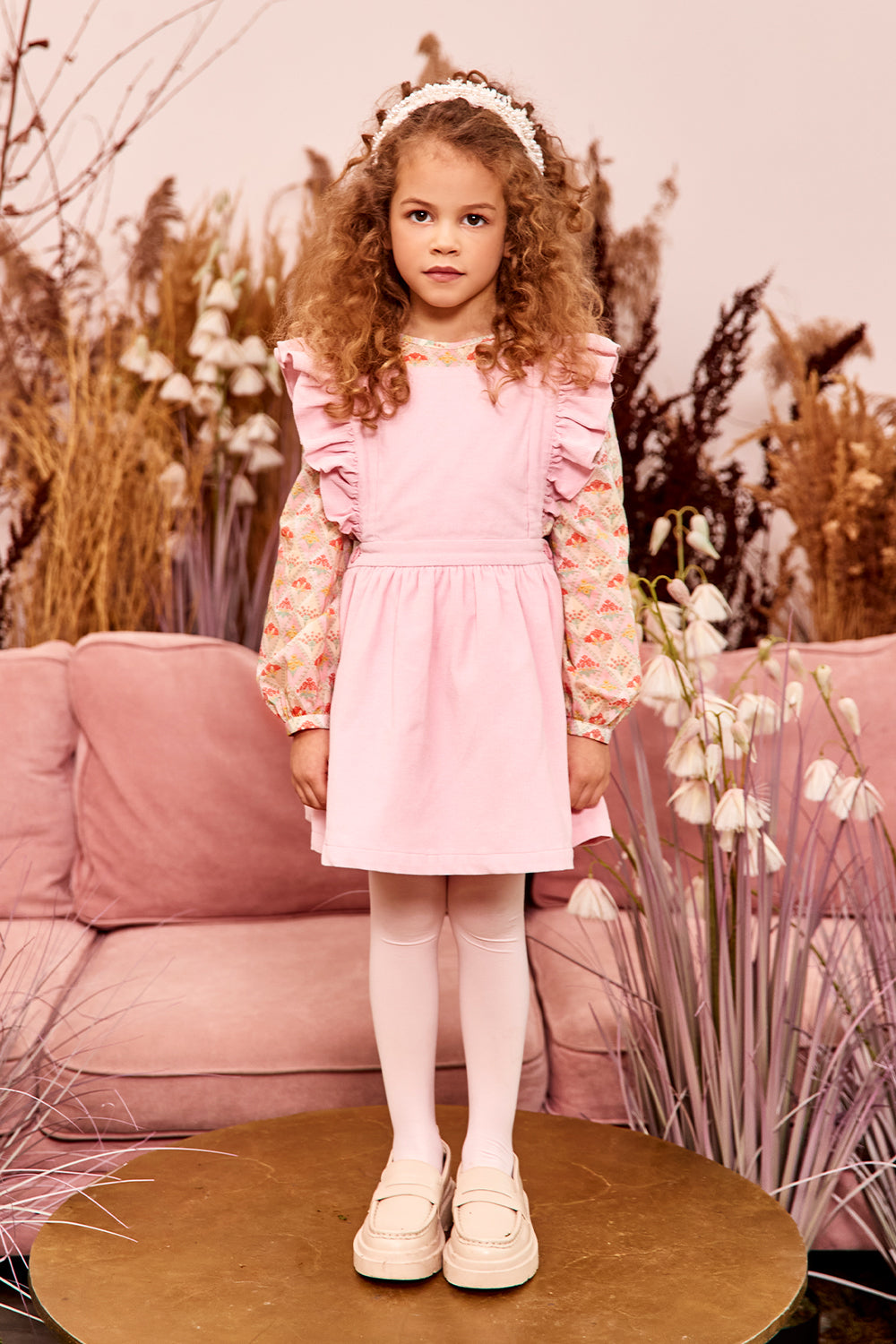 Pink courdoroy cotton pinafore dress with frills