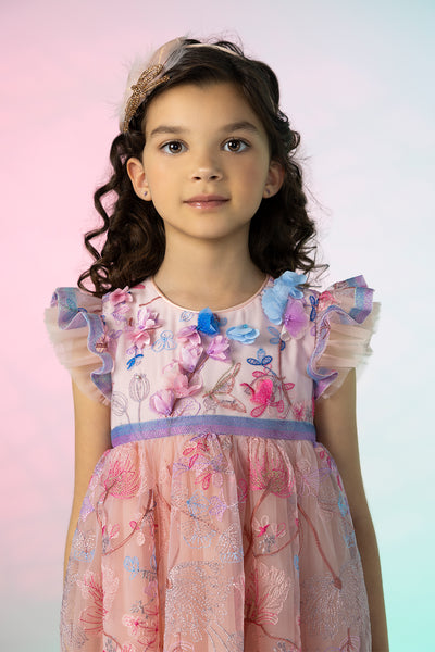 Pink embroidered floral lace dress with hand-made flower decoration