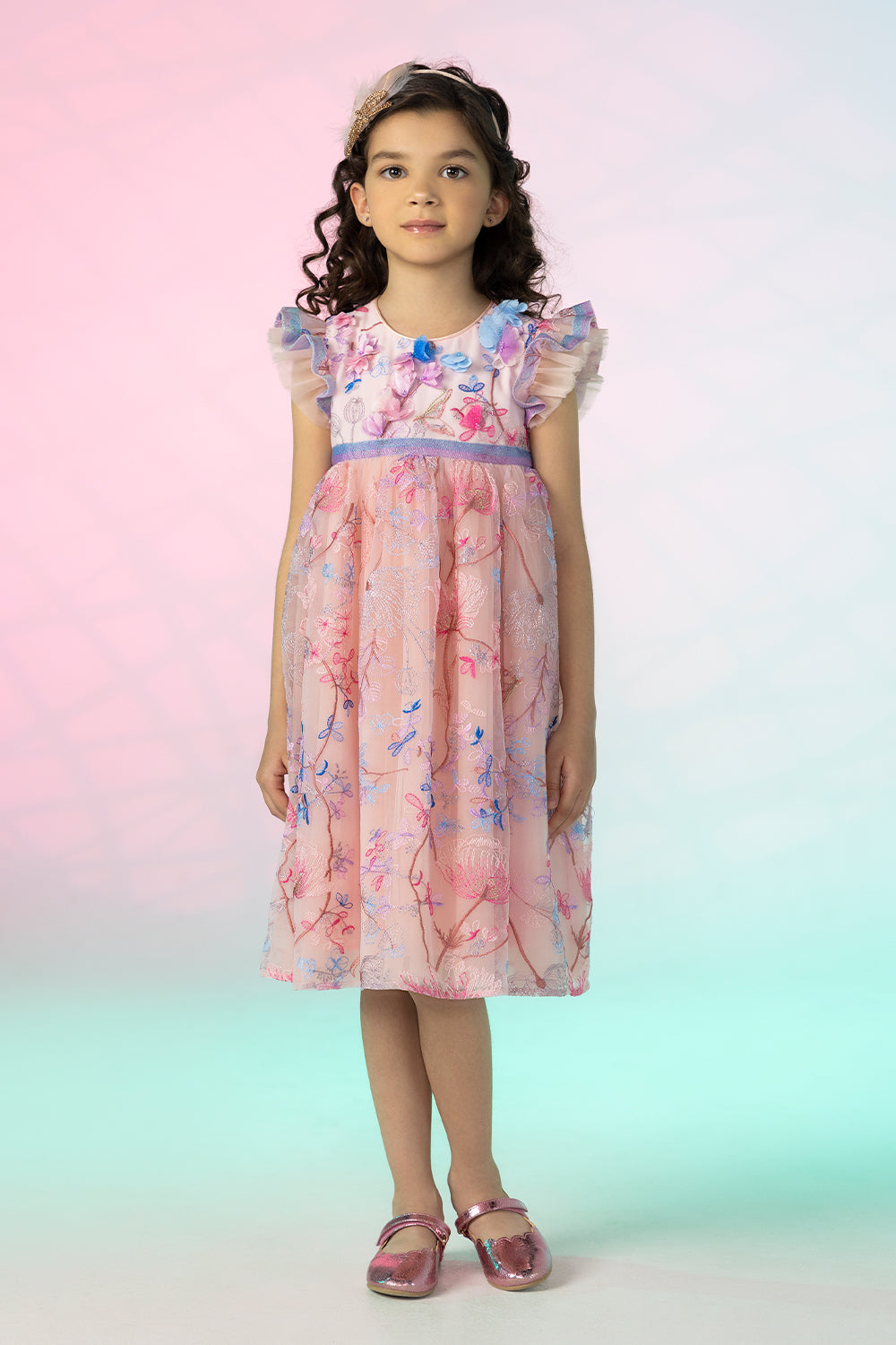 Pink embroidered floral lace dress with hand-made flower decoration