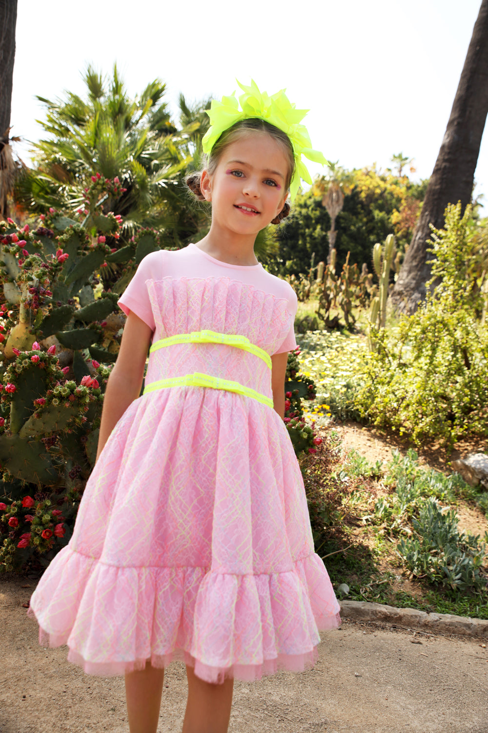 Pink and green/ yellow neon fine lace dress with pink tulle t-shirt and yellow neon bows