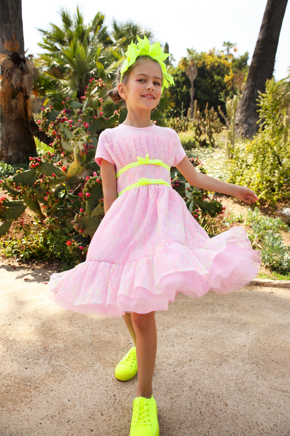 Pink and green/ yellow neon fine lace dress with pink tulle t-shirt and yellow neon bows