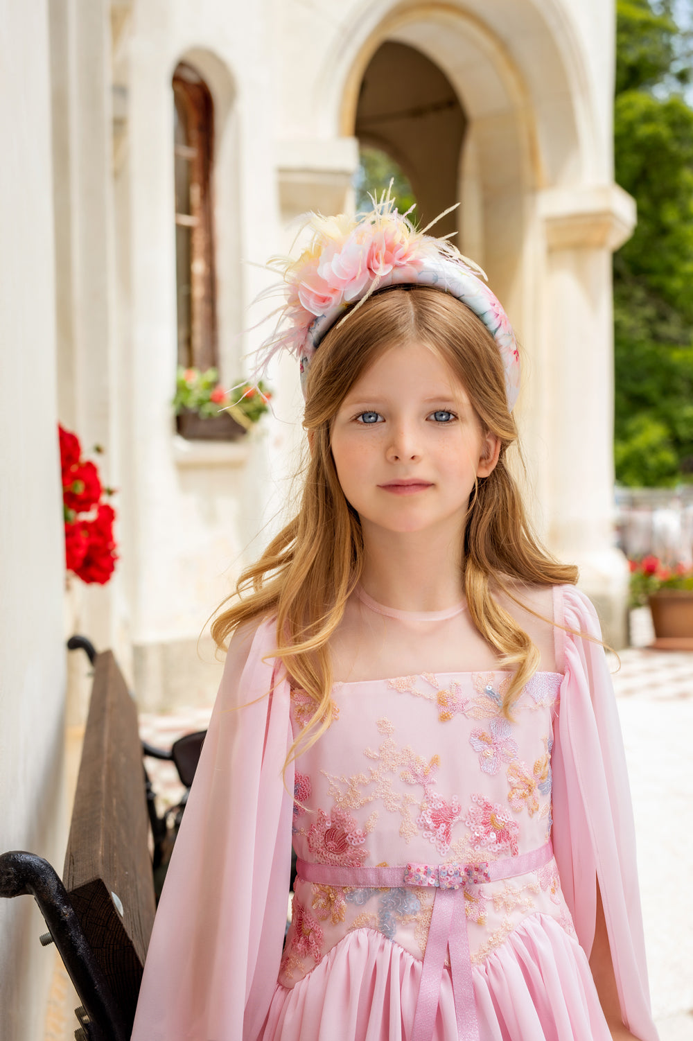 Pink chiffon dress with cape sleeves, sequin pink/blue lace upper part, decorated bow at the waist