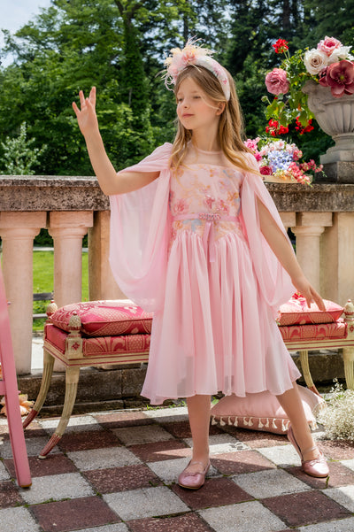 Pink chiffon dress with cape sleeves, sequin pink/blue lace upper part, decorated bow at the waist