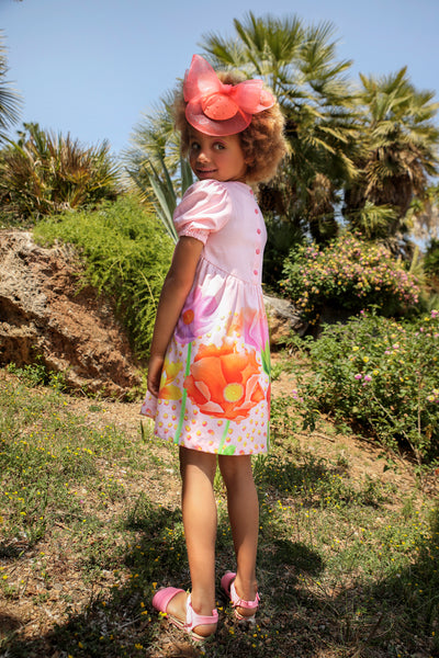 Pink cotton bright flowers and dots dress with bow