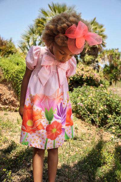 Pink cotton bright flowers and dots dress with bow