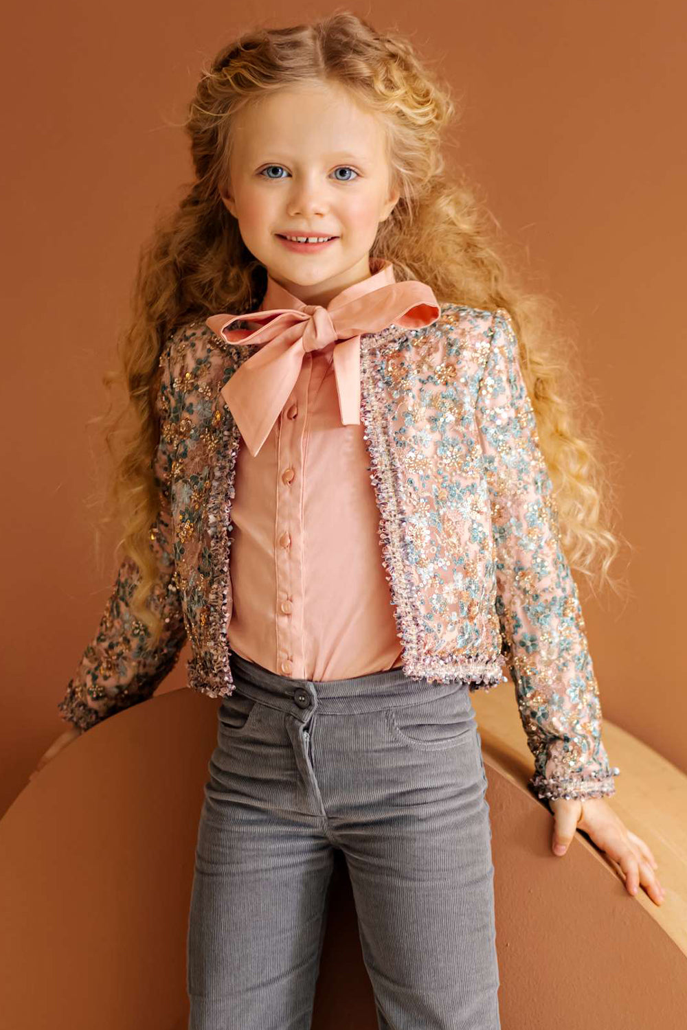 Powder pink satin cotton shirt with bow