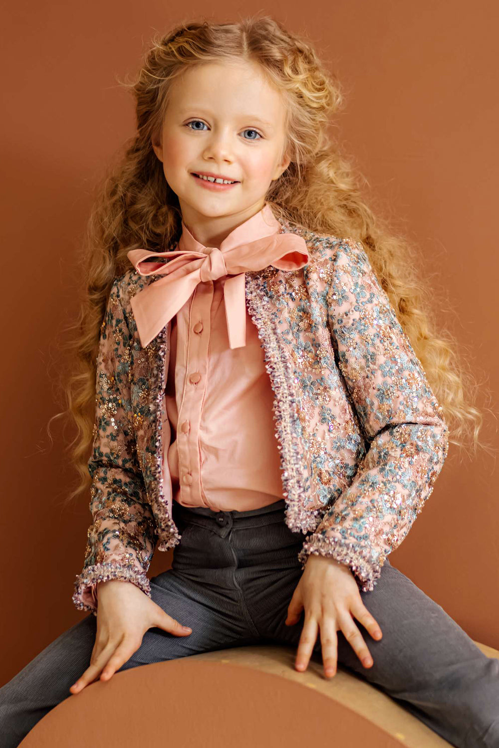 Powder pink satin cotton shirt with bow