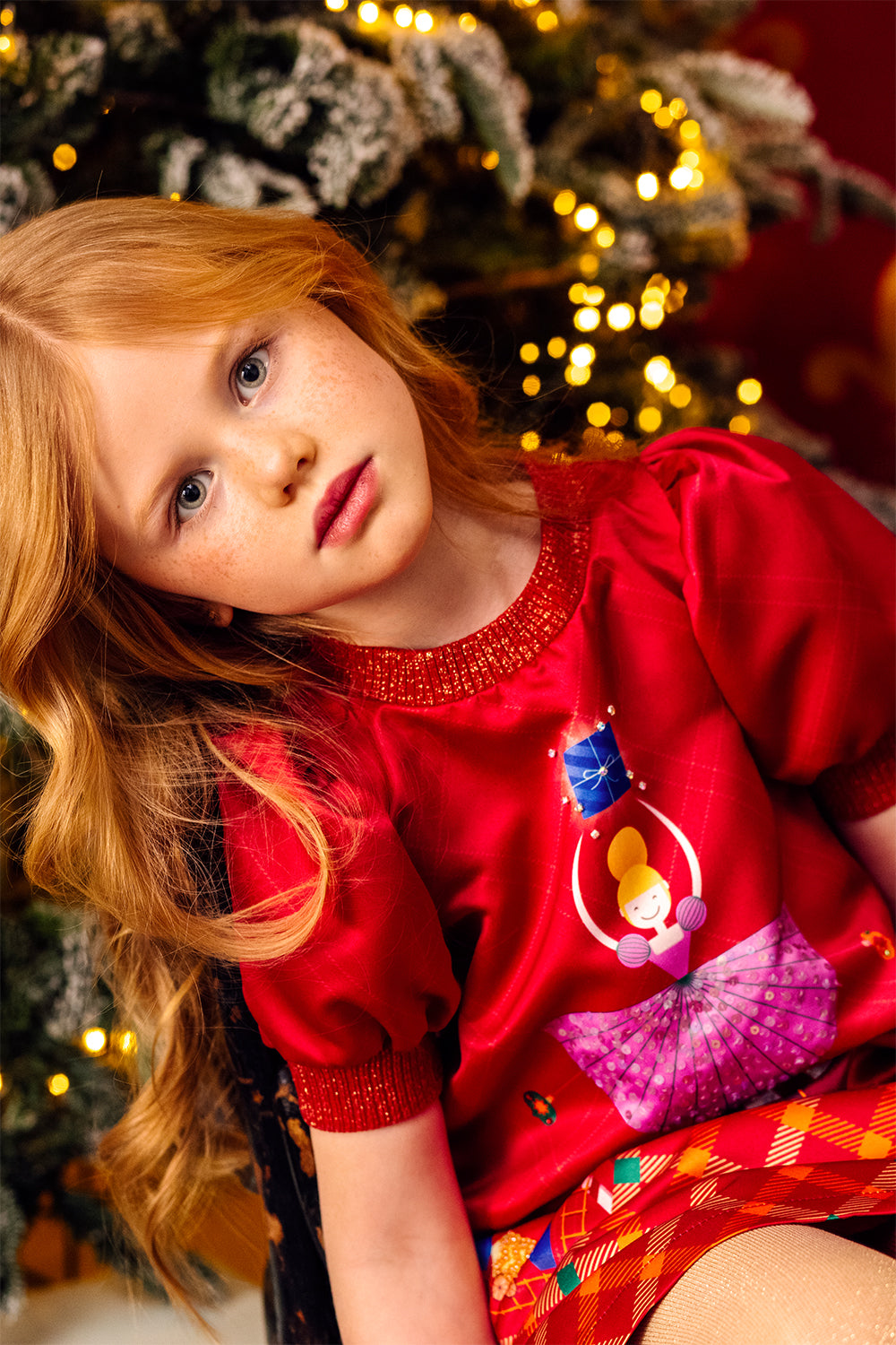 Red A-line Christmas carrousel hand-embellished with sequins and crystals dress with puffed sleeves