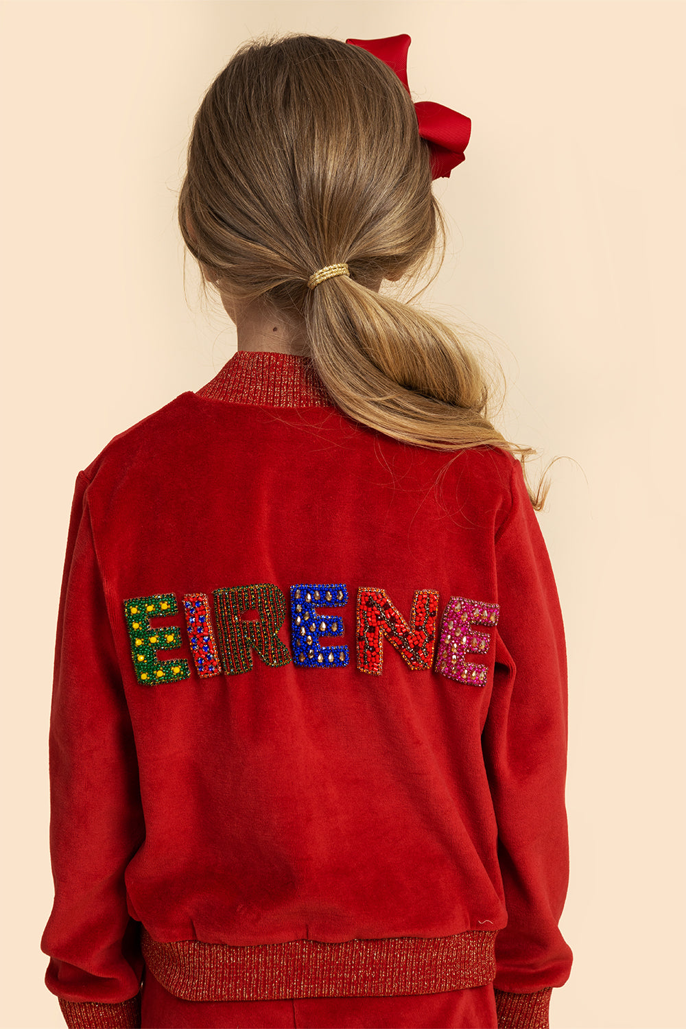 Red cotton velvet tracksuit with handmade embroidery