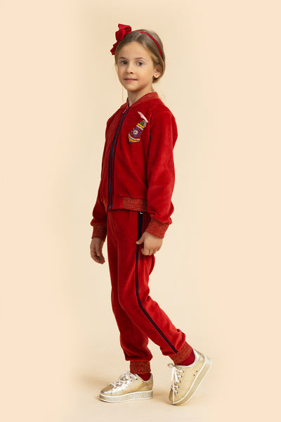 Red cotton velvet tracksuit with handmade embroidery