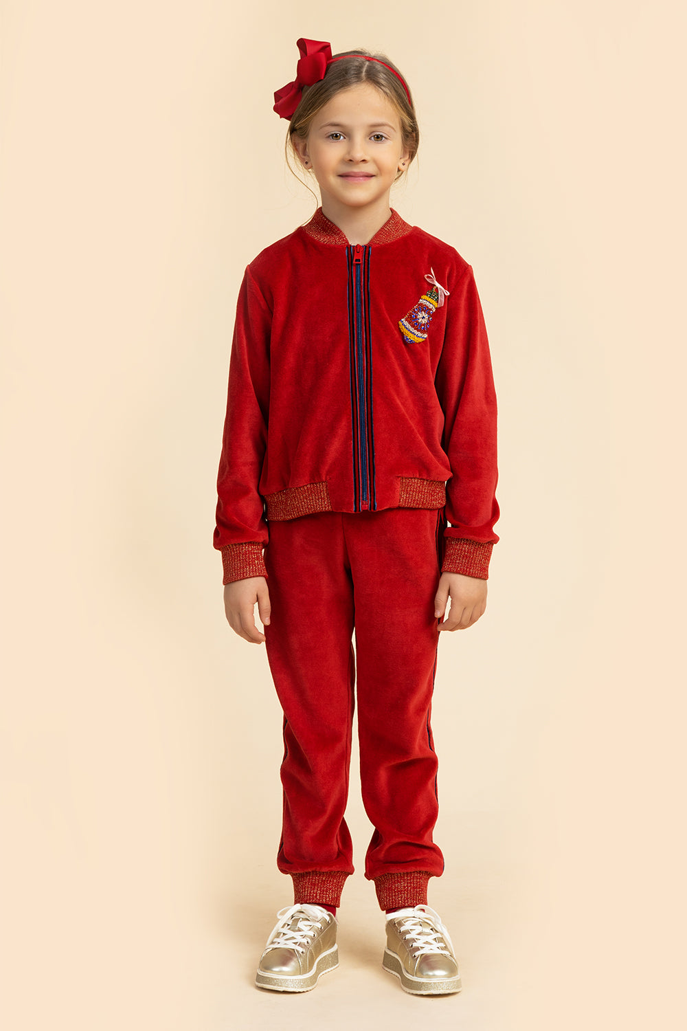 Red cotton velvet tracksuit with handmade embroidery