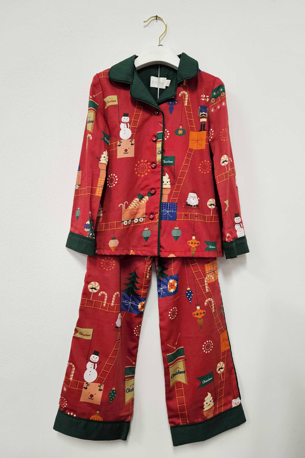 Red printed cotton PJ set with hand-made embellishment