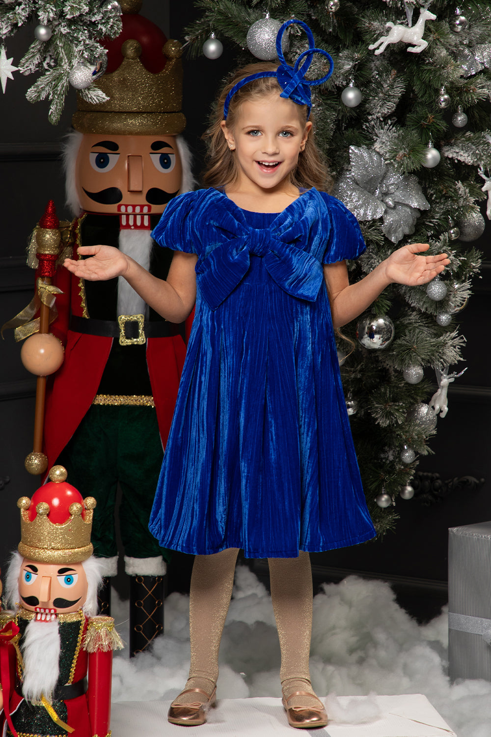 Royal blue velvet dress with oversized bow