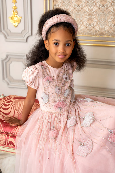 Pink tulle dress with entirely hand-embellished embroidery of tulle flowers with crystals and beads