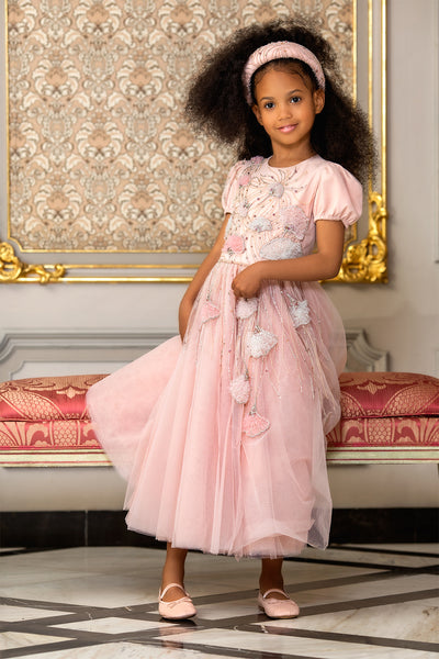 Pink tulle dress with entirely hand-embellished embroidery of tulle flowers with crystals and beads