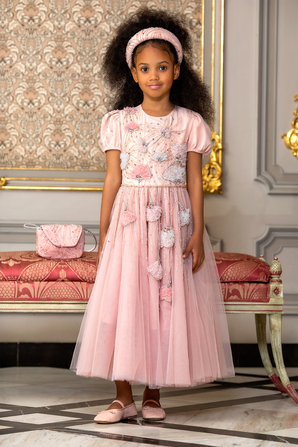 Pink tulle dress with entirely hand-embellished embroidery of tulle flowers with crystals and beads