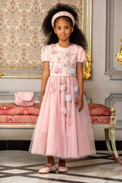 Pink tulle dress with entirely hand-embellished embroidery of tulle flowers with crystals and beads