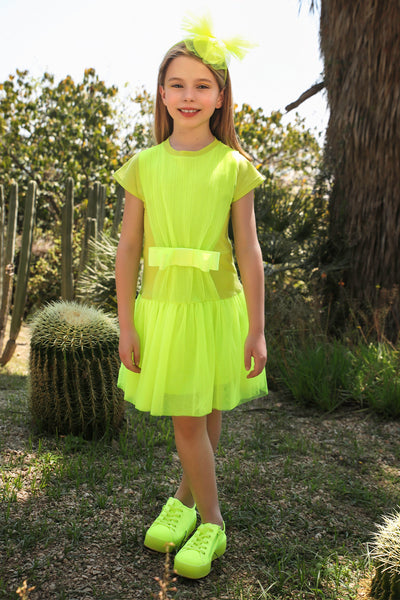 Yellow/green neon jersey dress with tulle and satin bow