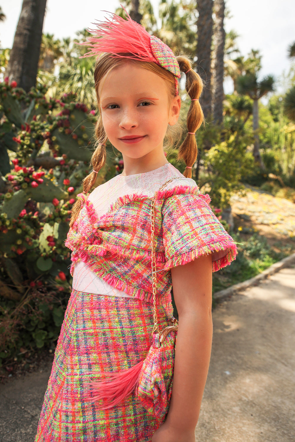 Pink, blue, green neon tweed cotton blend bag with feather pendant
