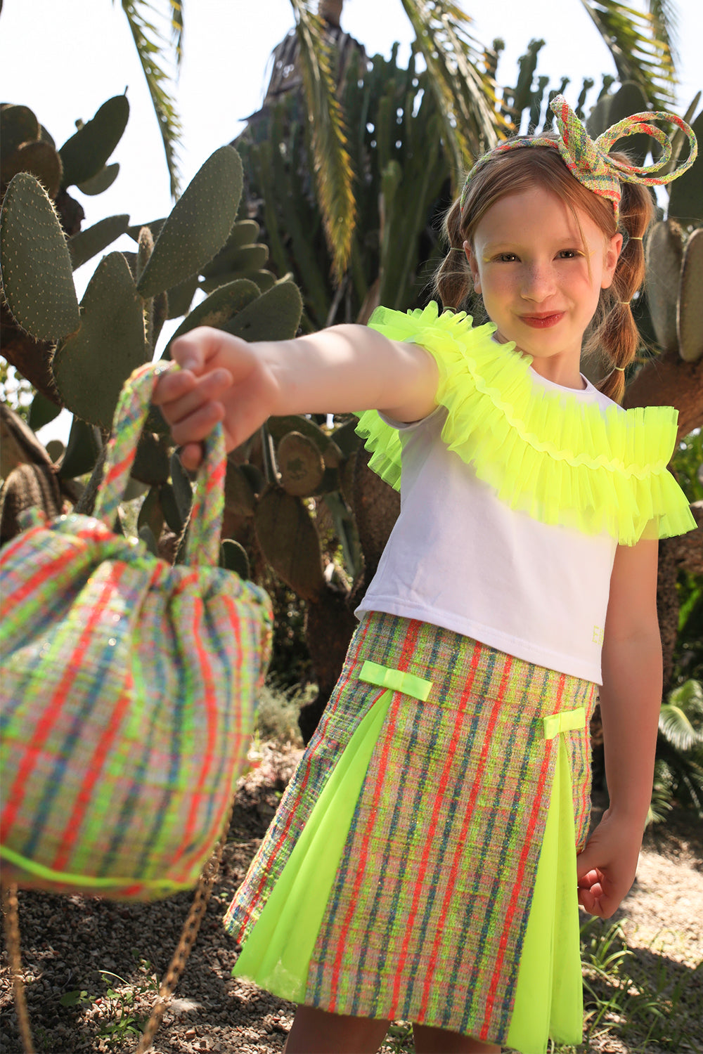 Green, yellow, fuchisa and neon tweed bag