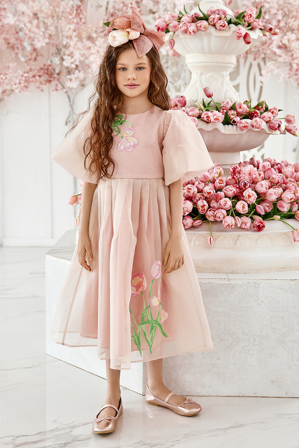Powder pink organza dress with sequin tulip embroidery and puffed sleeves