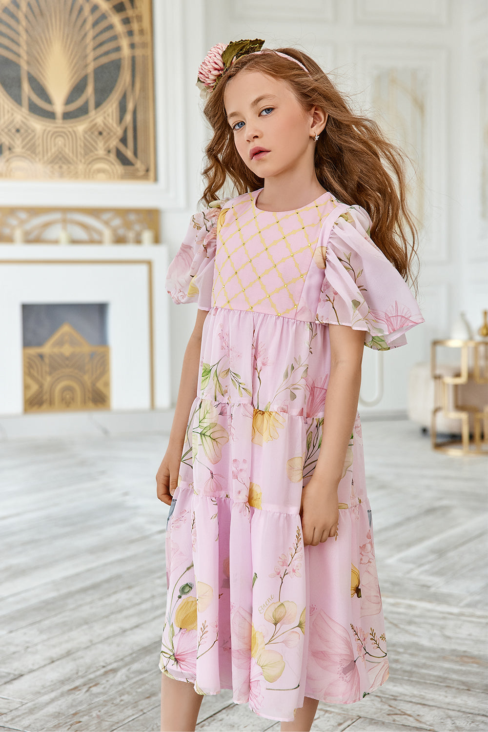 Pink chiffon floral dress with yellow crystals and embellished yellow and pink top