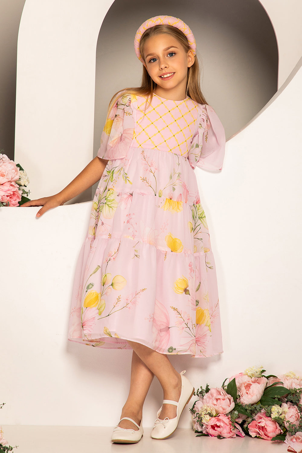Pink chiffon floral dress with yellow crystals and embellished yellow and pink top